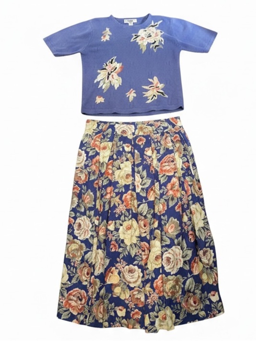 Segue Two-Piece Cottagecore Outfit Knit Top Matching Floral MIDI Skirt Medium